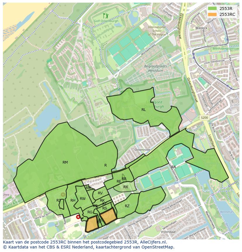 Afbeelding van het postcodegebied 2553 RC op de kaart.