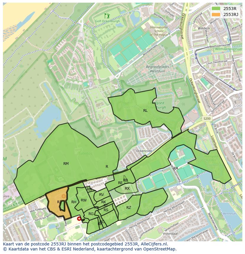 Afbeelding van het postcodegebied 2553 RJ op de kaart.