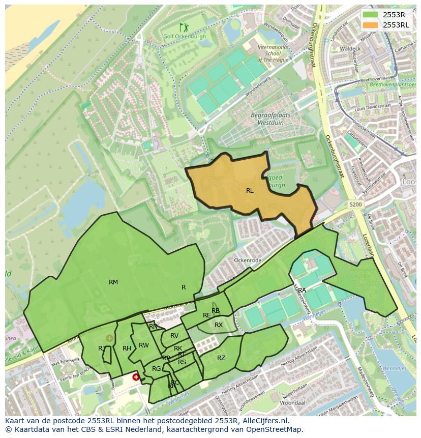 Afbeelding van het postcodegebied 2553 RL op de kaart.