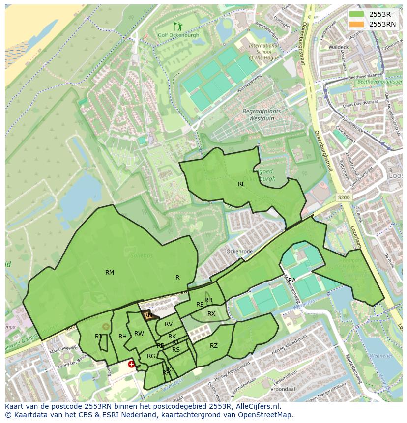 Afbeelding van het postcodegebied 2553 RN op de kaart.