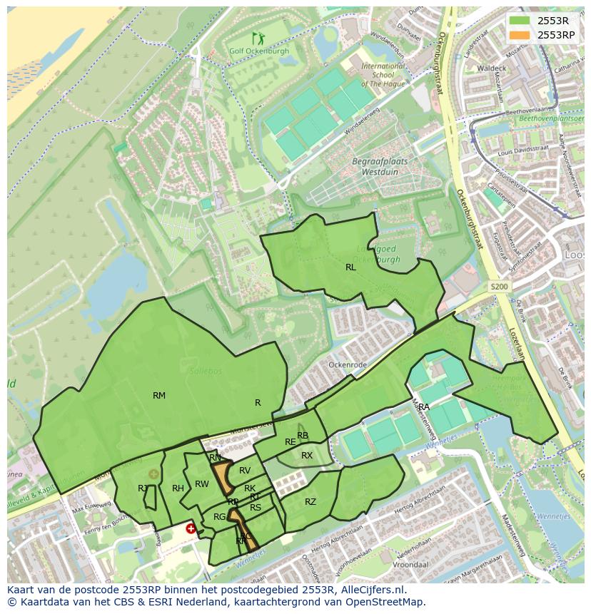 Afbeelding van het postcodegebied 2553 RP op de kaart.
