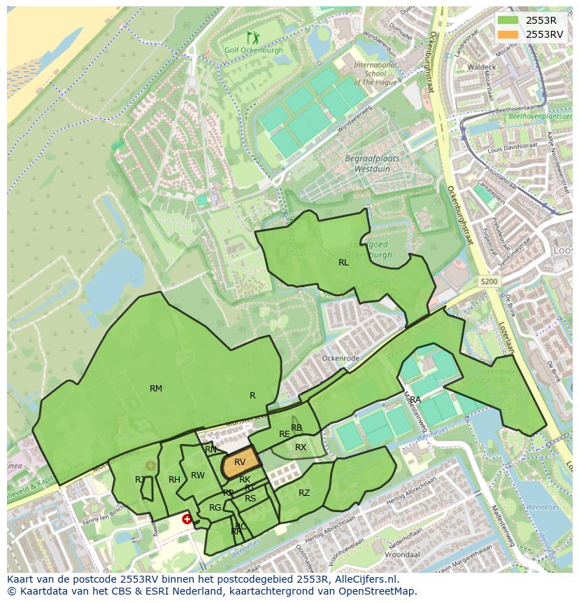 Afbeelding van het postcodegebied 2553 RV op de kaart.