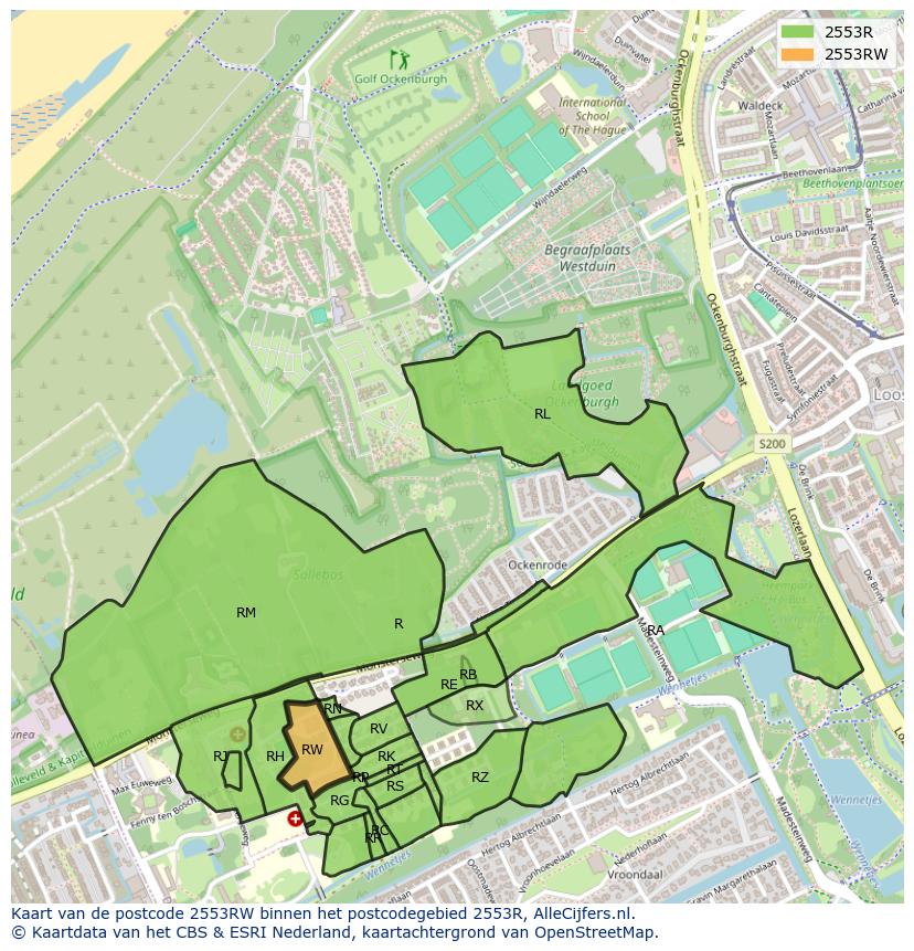 Afbeelding van het postcodegebied 2553 RW op de kaart.