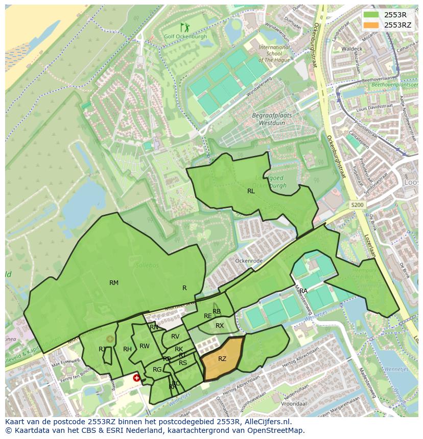 Afbeelding van het postcodegebied 2553 RZ op de kaart.