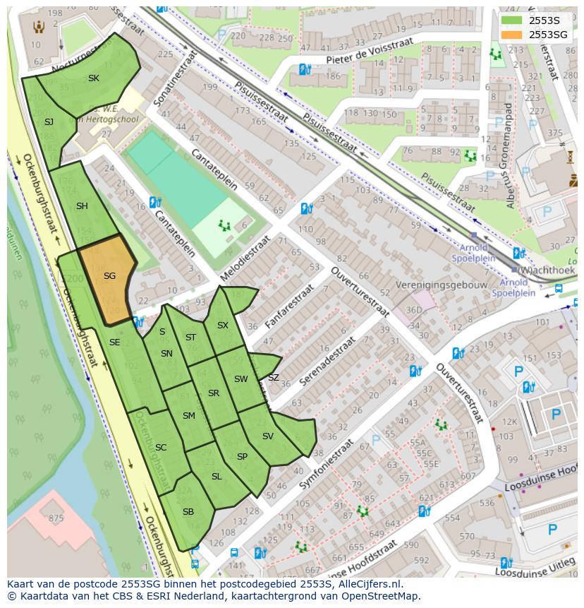 Afbeelding van het postcodegebied 2553 SG op de kaart.