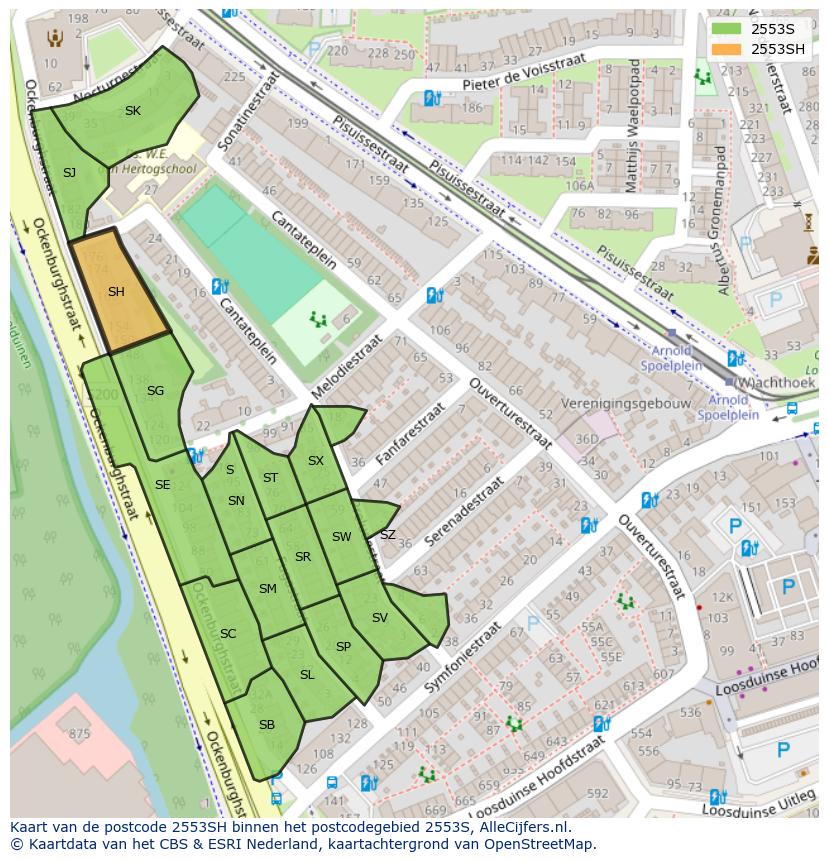 Afbeelding van het postcodegebied 2553 SH op de kaart.