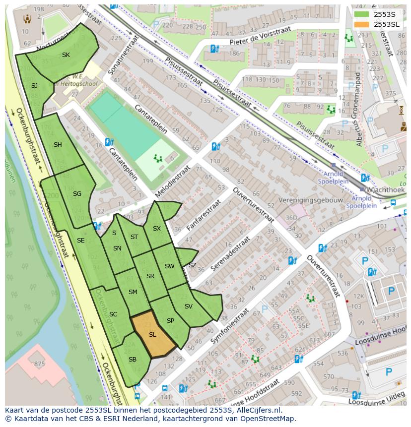 Afbeelding van het postcodegebied 2553 SL op de kaart.