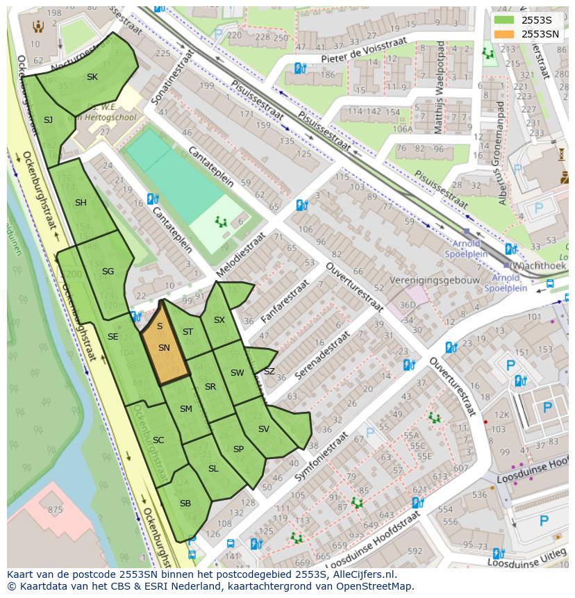 Afbeelding van het postcodegebied 2553 SN op de kaart.