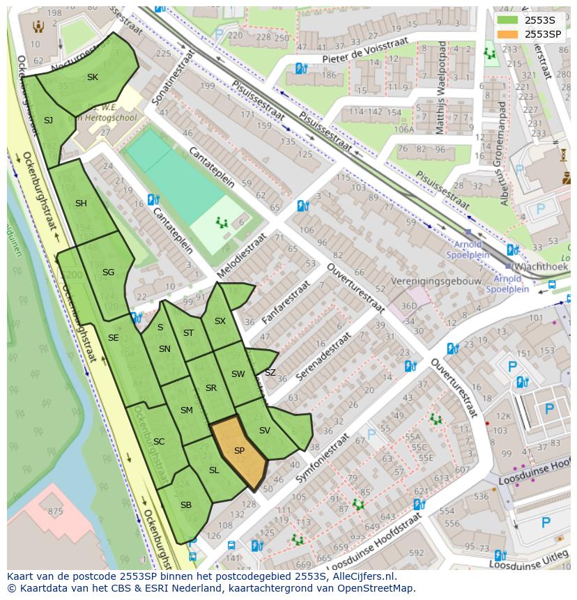 Afbeelding van het postcodegebied 2553 SP op de kaart.
