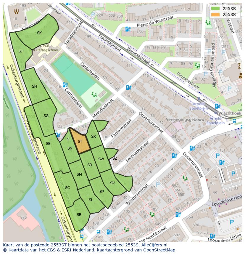 Afbeelding van het postcodegebied 2553 ST op de kaart.