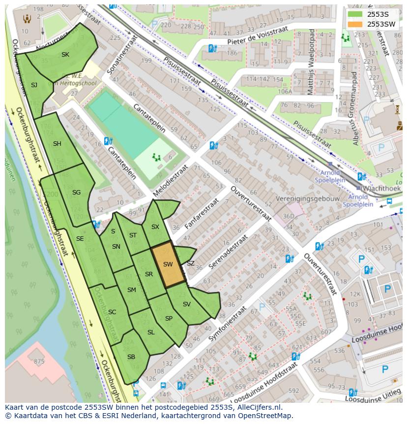 Afbeelding van het postcodegebied 2553 SW op de kaart.