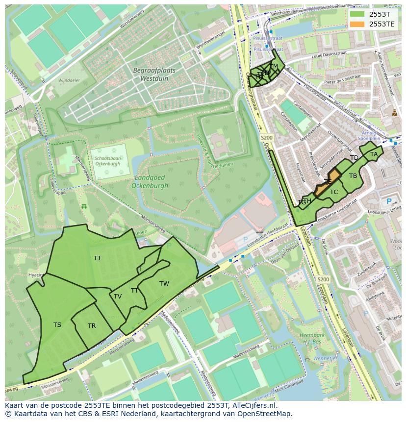 Afbeelding van het postcodegebied 2553 TE op de kaart.