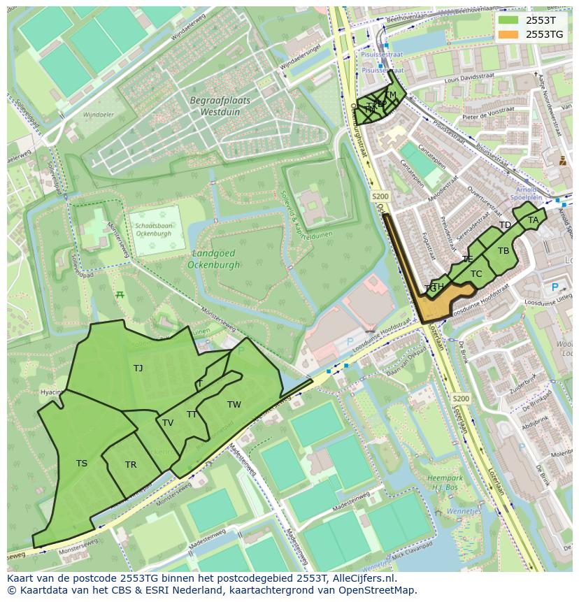Afbeelding van het postcodegebied 2553 TG op de kaart.