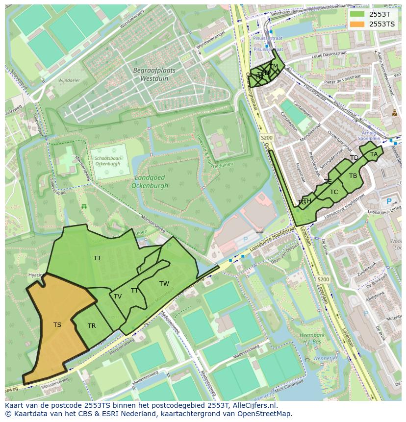 Afbeelding van het postcodegebied 2553 TS op de kaart.