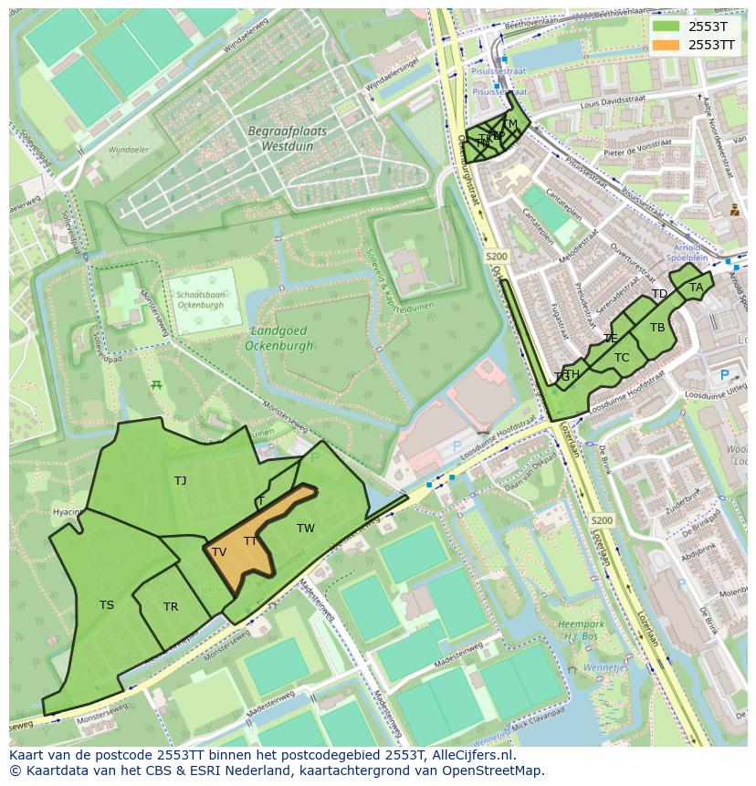Afbeelding van het postcodegebied 2553 TT op de kaart.
