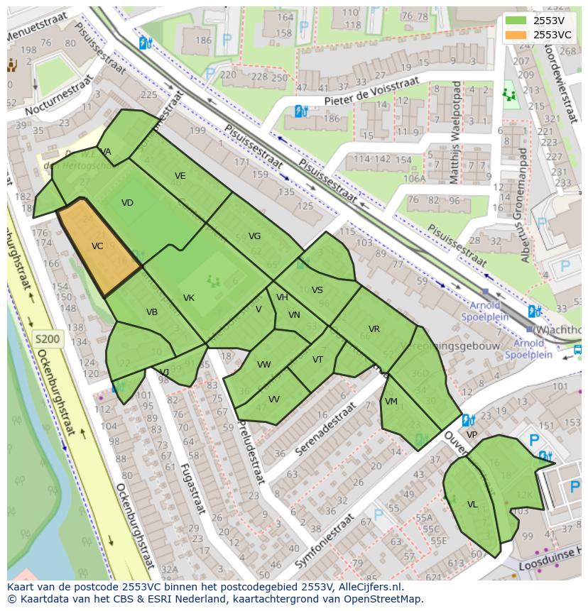 Afbeelding van het postcodegebied 2553 VC op de kaart.