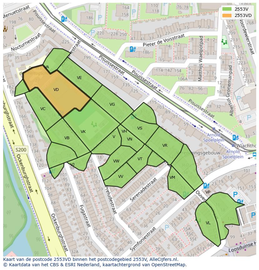 Afbeelding van het postcodegebied 2553 VD op de kaart.