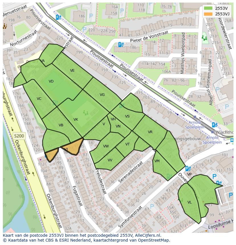 Afbeelding van het postcodegebied 2553 VJ op de kaart.