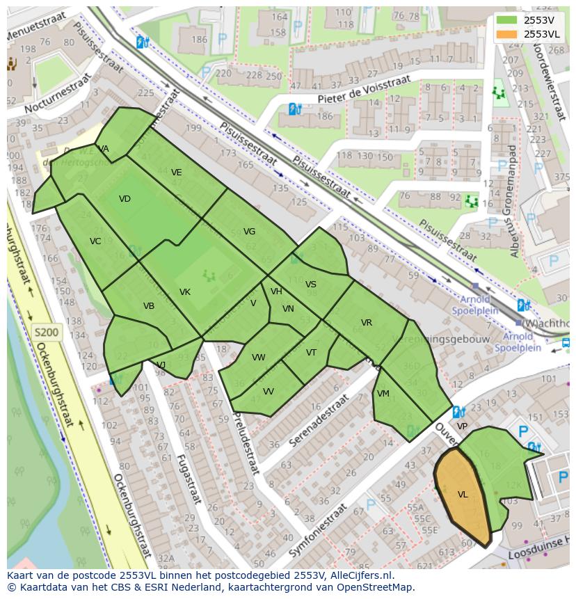 Afbeelding van het postcodegebied 2553 VL op de kaart.