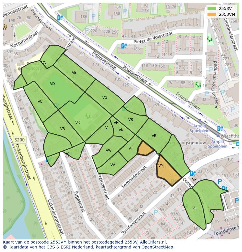 Afbeelding van het postcodegebied 2553 VM op de kaart.