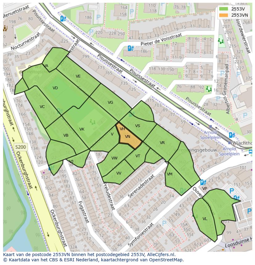 Afbeelding van het postcodegebied 2553 VN op de kaart.