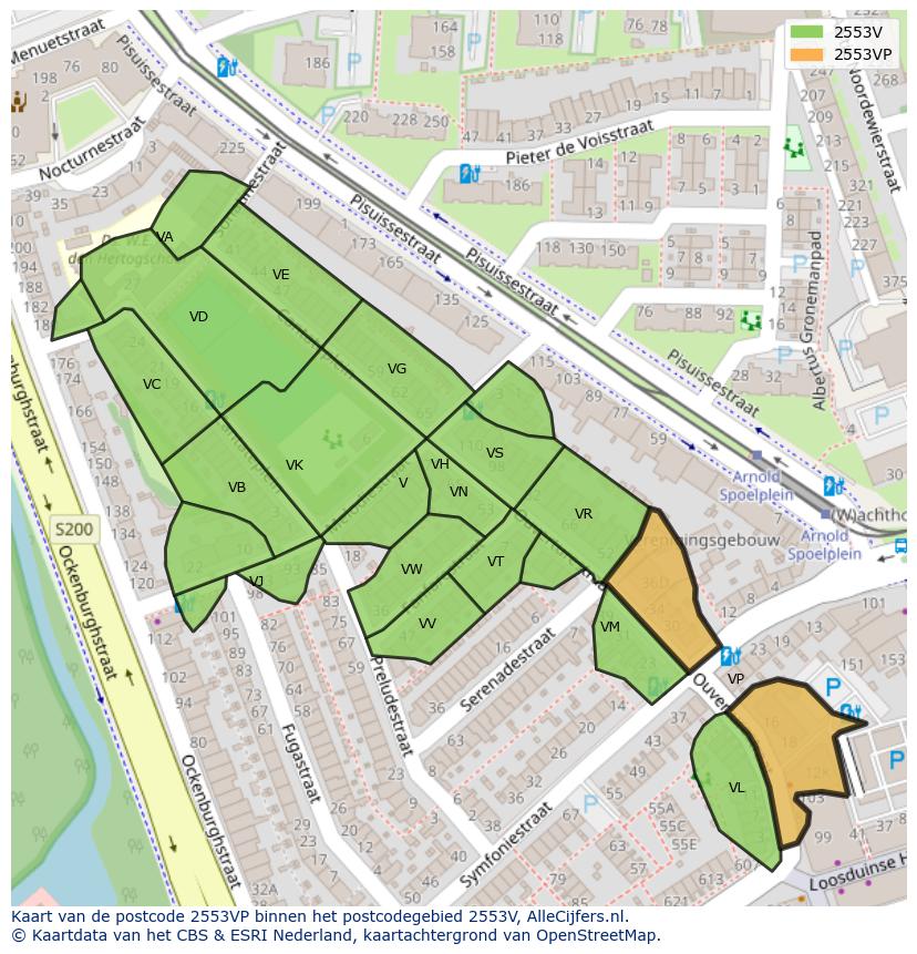 Afbeelding van het postcodegebied 2553 VP op de kaart.