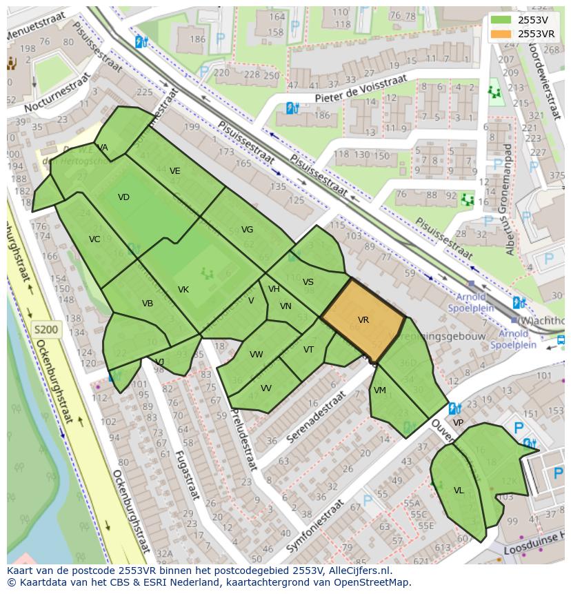 Afbeelding van het postcodegebied 2553 VR op de kaart.