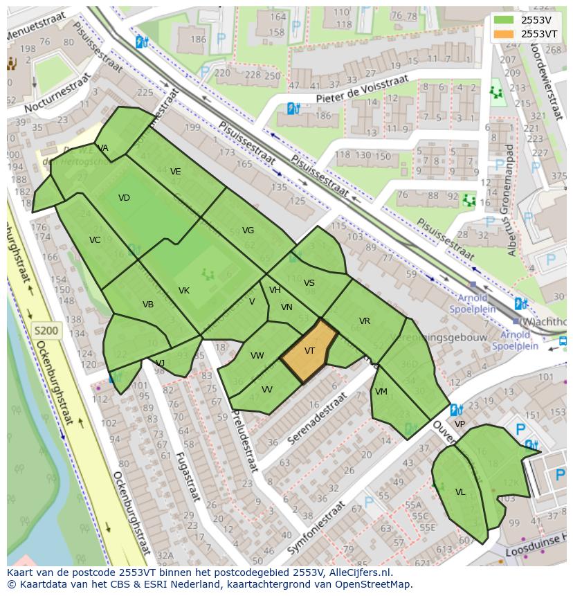 Afbeelding van het postcodegebied 2553 VT op de kaart.