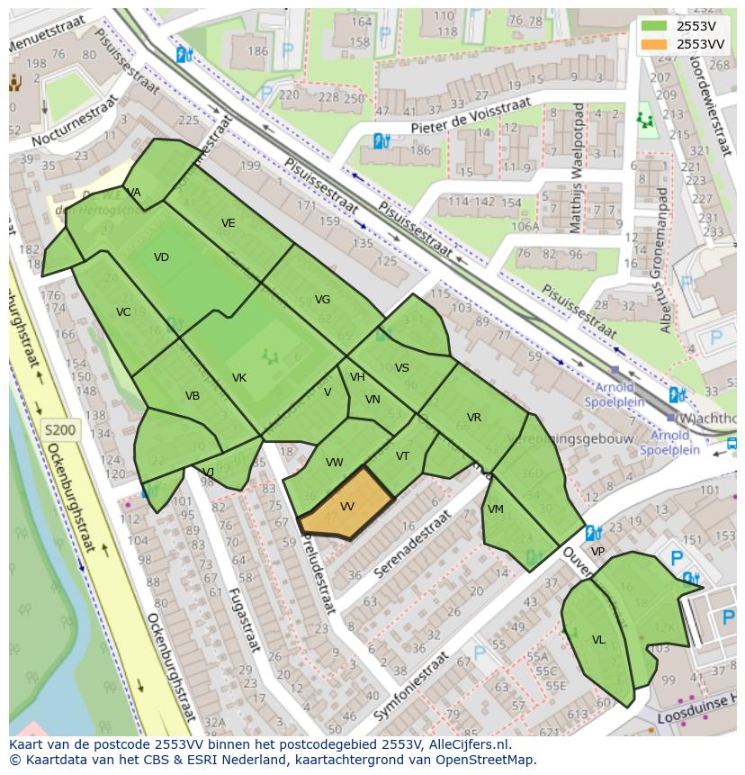 Afbeelding van het postcodegebied 2553 VV op de kaart.