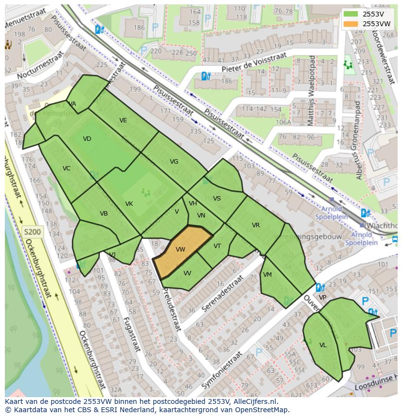 Afbeelding van het postcodegebied 2553 VW op de kaart.