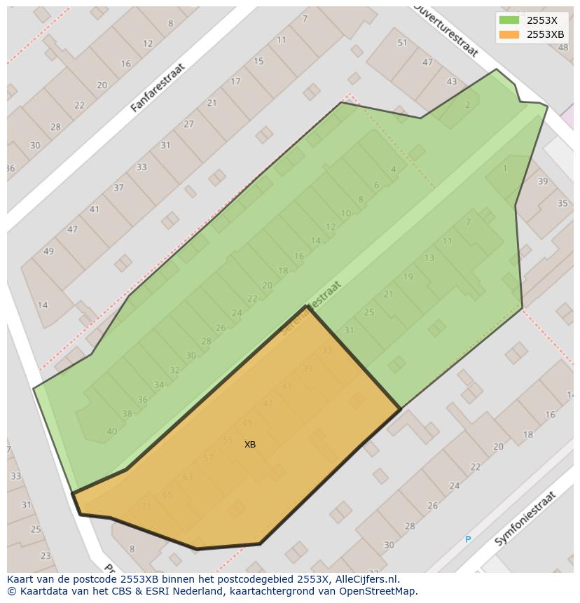 Afbeelding van het postcodegebied 2553 XB op de kaart.
