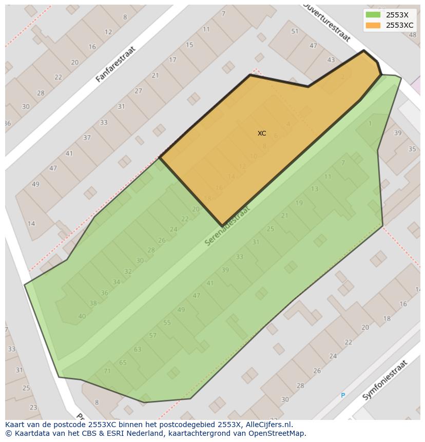 Afbeelding van het postcodegebied 2553 XC op de kaart.
