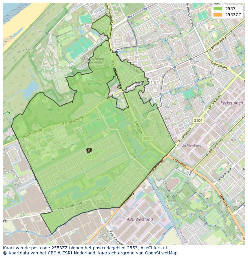 Afbeelding van het postcodegebied 2553 ZZ op de kaart.