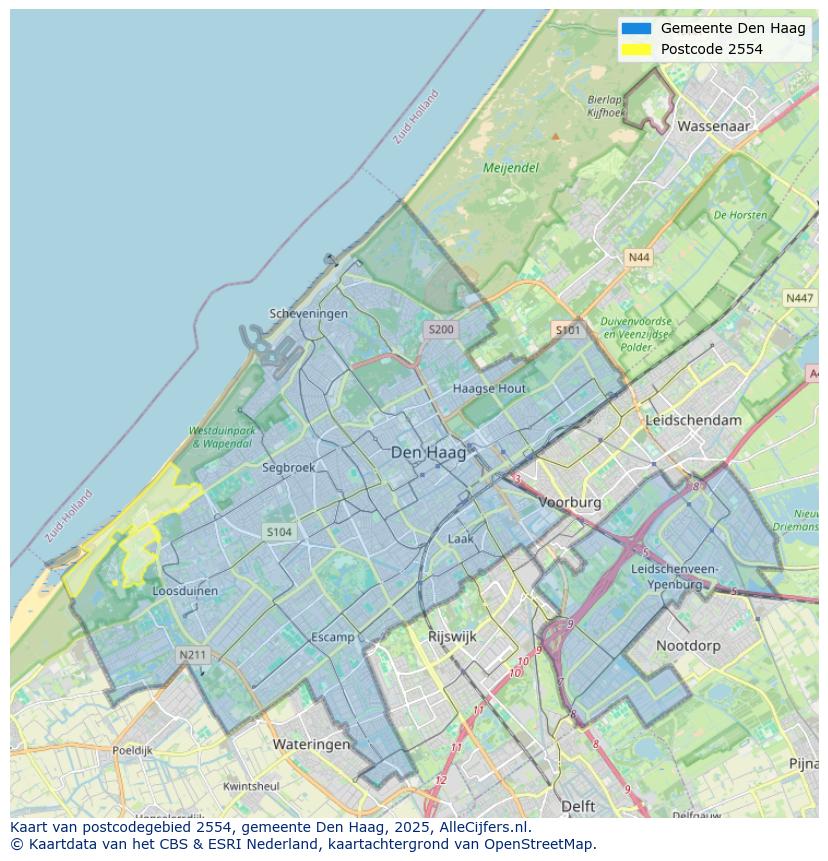 Afbeelding van het postcodegebied 2554 op de kaart.