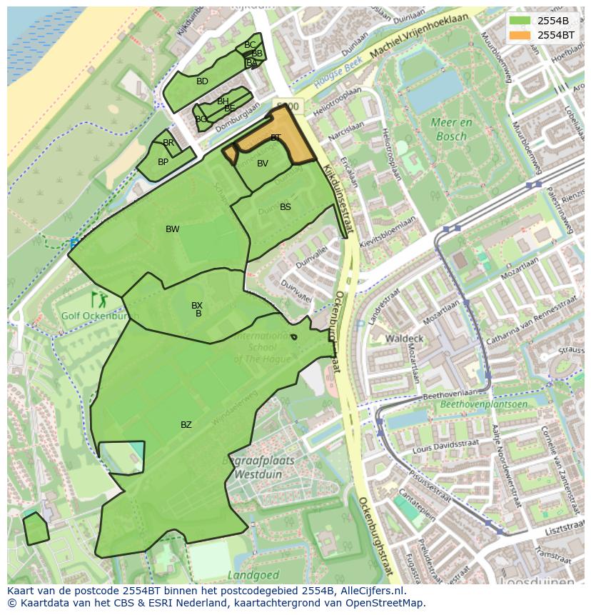 Afbeelding van het postcodegebied 2554 BT op de kaart.