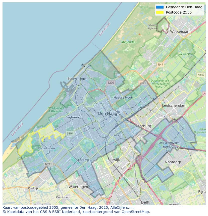 Afbeelding van het postcodegebied 2555 op de kaart.