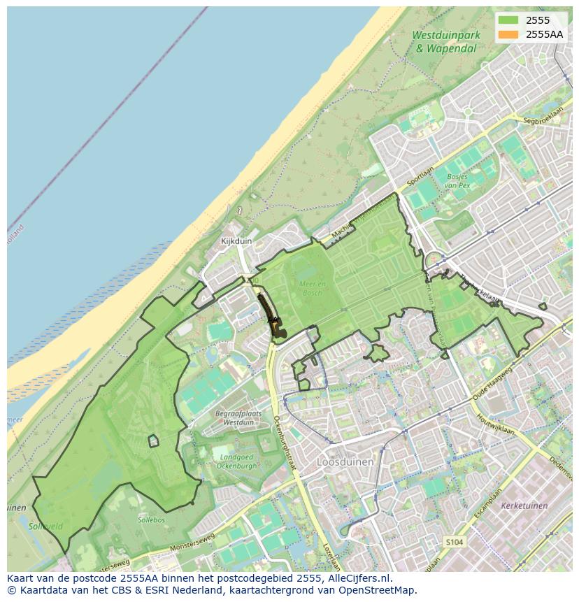 Afbeelding van het postcodegebied 2555 AA op de kaart.