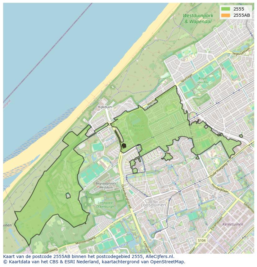 Afbeelding van het postcodegebied 2555 AB op de kaart.