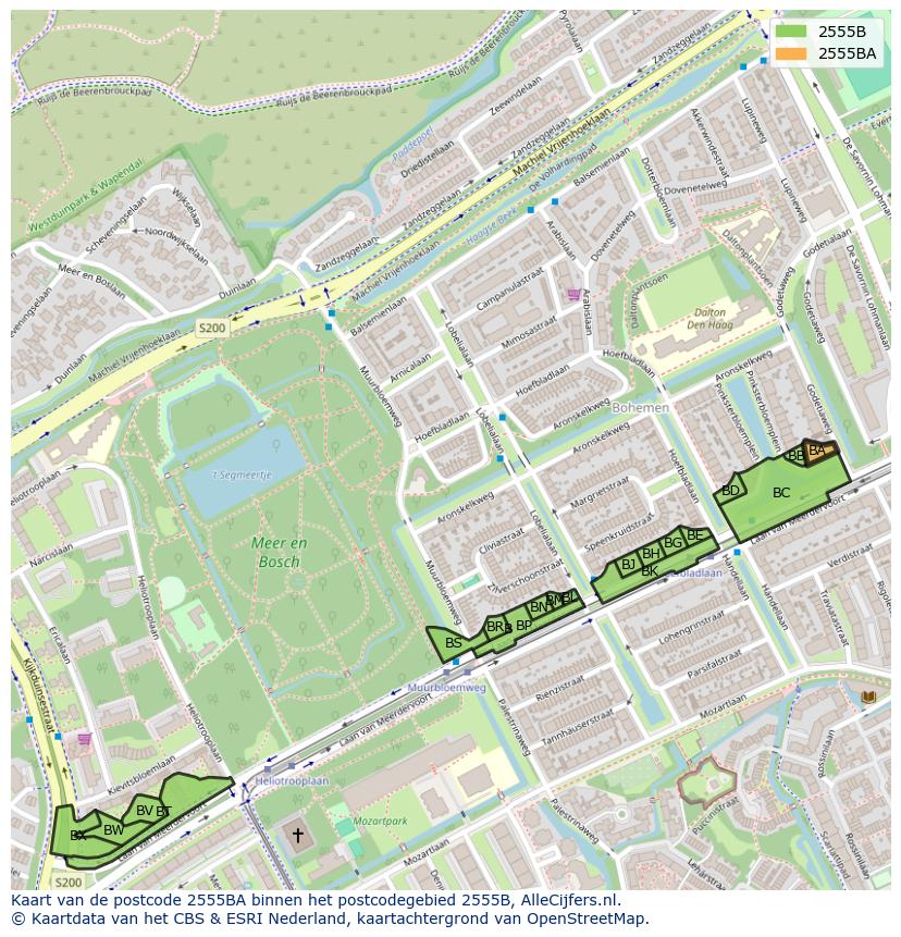 Afbeelding van het postcodegebied 2555 BA op de kaart.