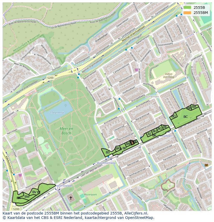 Afbeelding van het postcodegebied 2555 BM op de kaart.