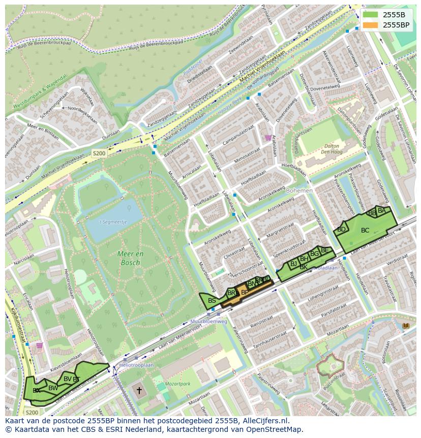 Afbeelding van het postcodegebied 2555 BP op de kaart.