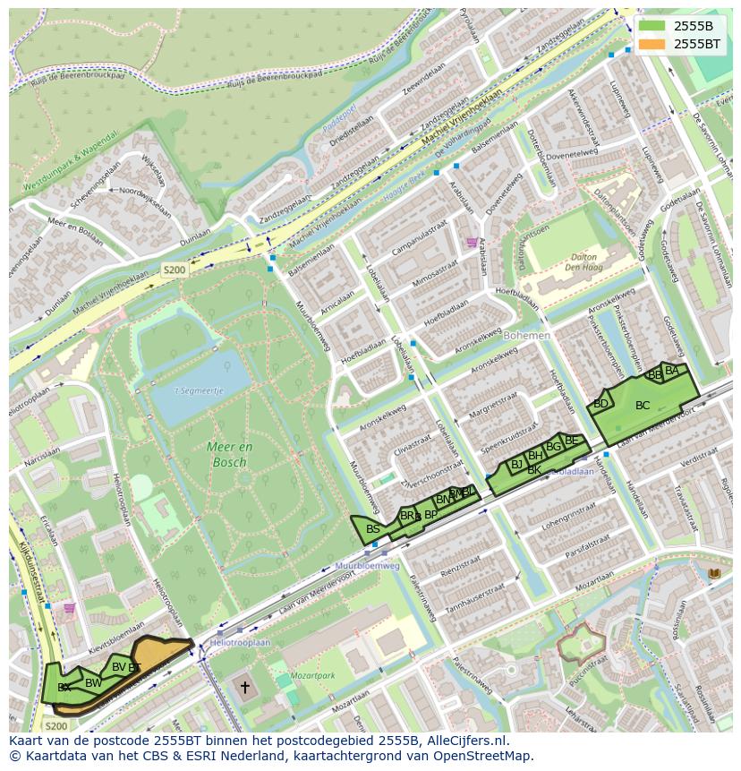 Afbeelding van het postcodegebied 2555 BT op de kaart.