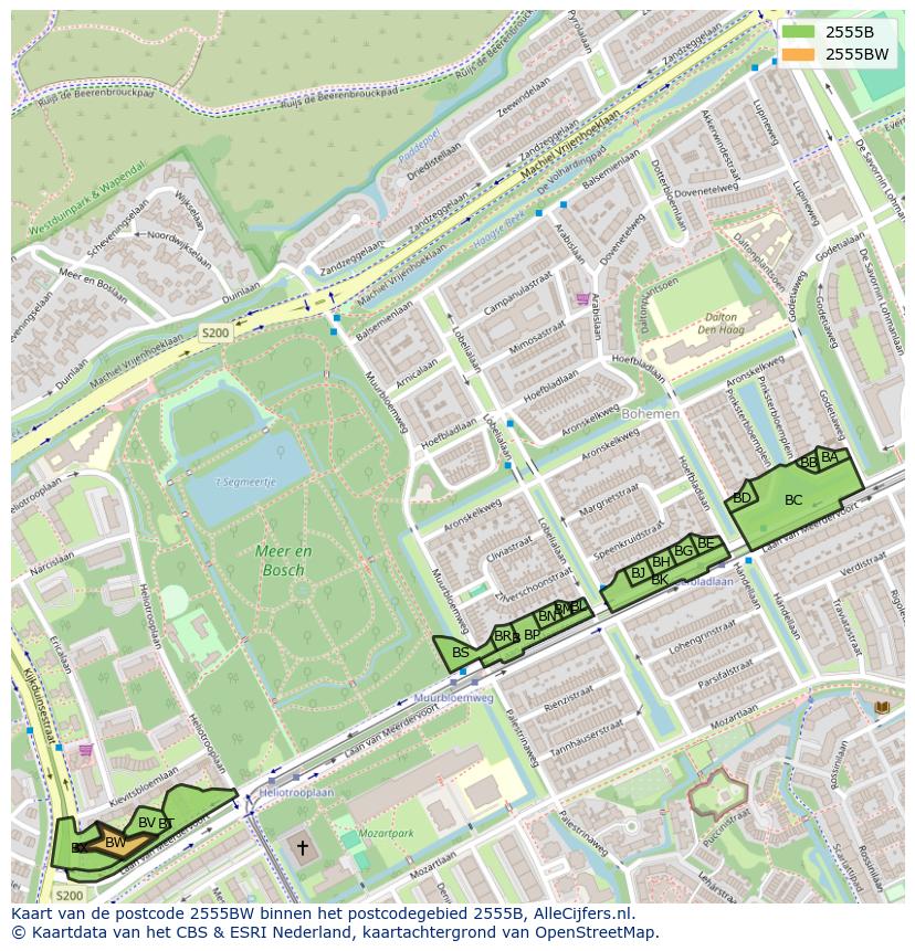 Afbeelding van het postcodegebied 2555 BW op de kaart.