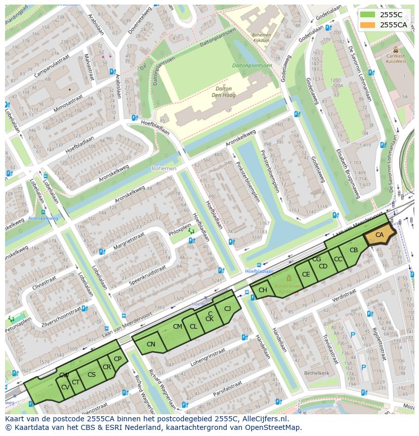 Afbeelding van het postcodegebied 2555 CA op de kaart.