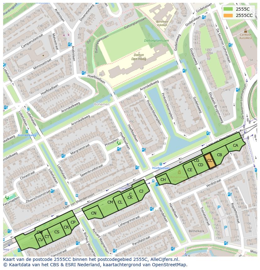 Afbeelding van het postcodegebied 2555 CC op de kaart.