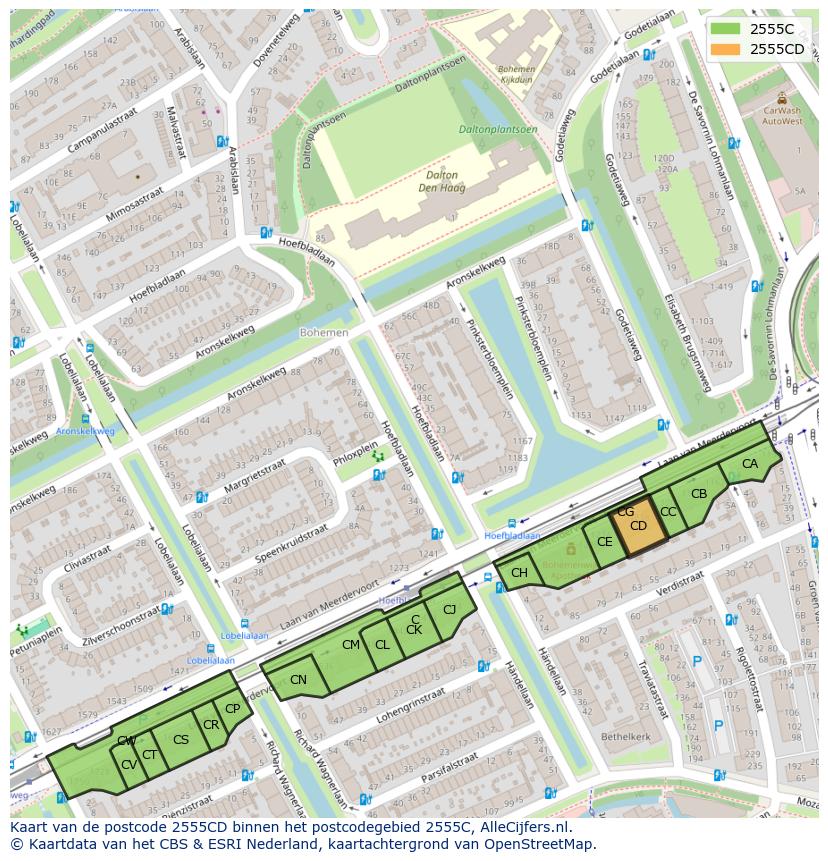 Afbeelding van het postcodegebied 2555 CD op de kaart.
