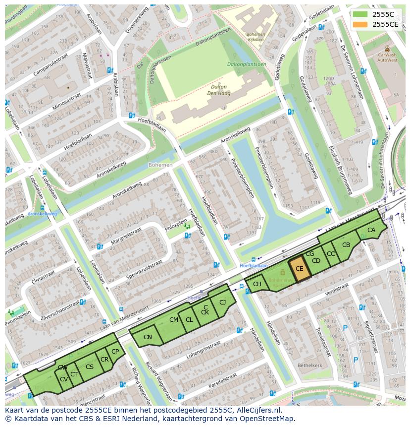 Afbeelding van het postcodegebied 2555 CE op de kaart.