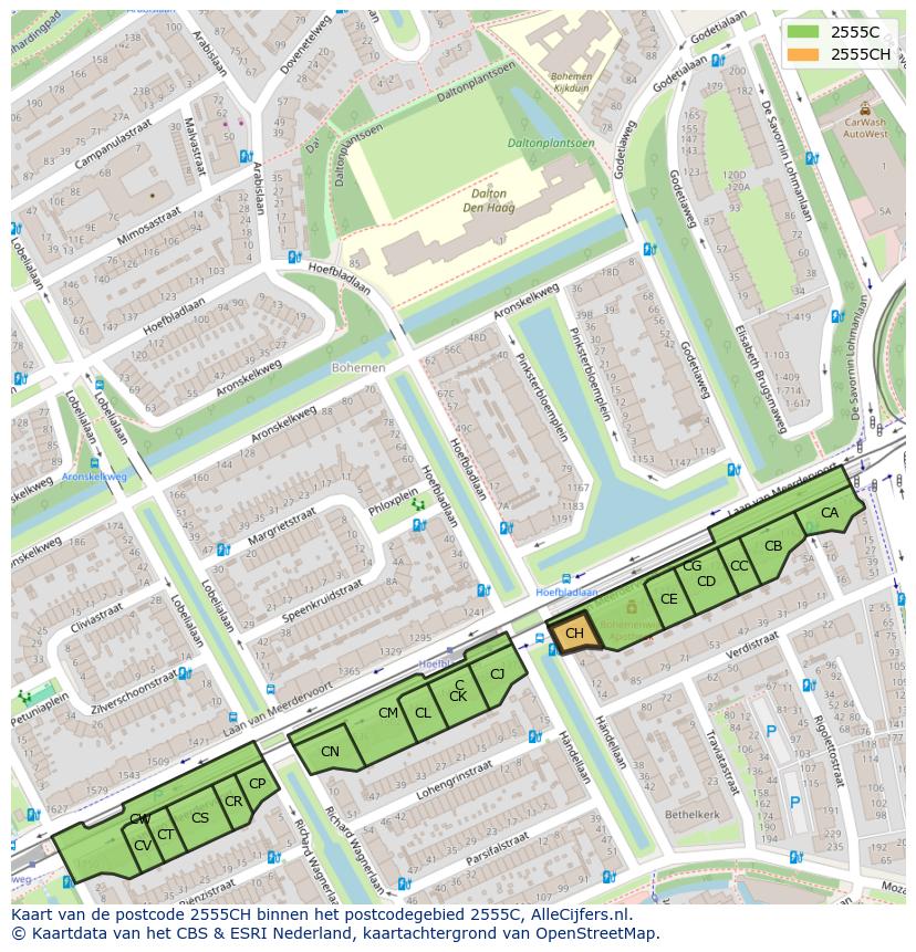 Afbeelding van het postcodegebied 2555 CH op de kaart.