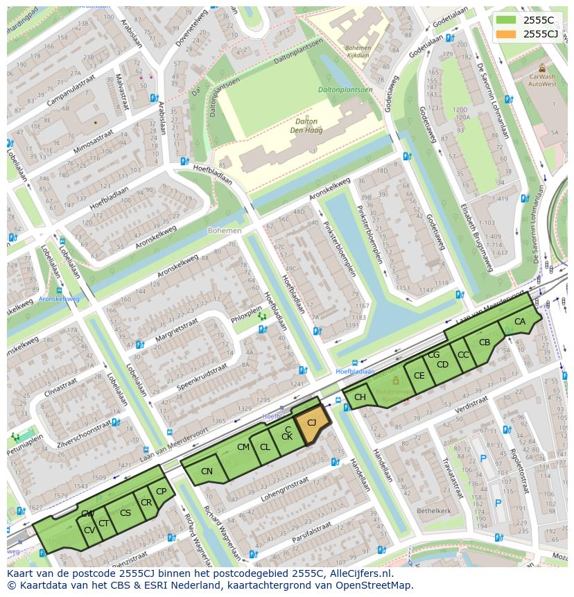 Afbeelding van het postcodegebied 2555 CJ op de kaart.