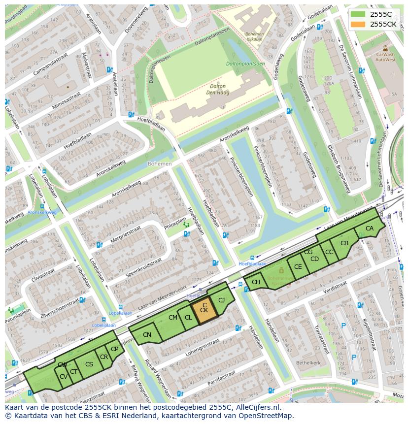 Afbeelding van het postcodegebied 2555 CK op de kaart.